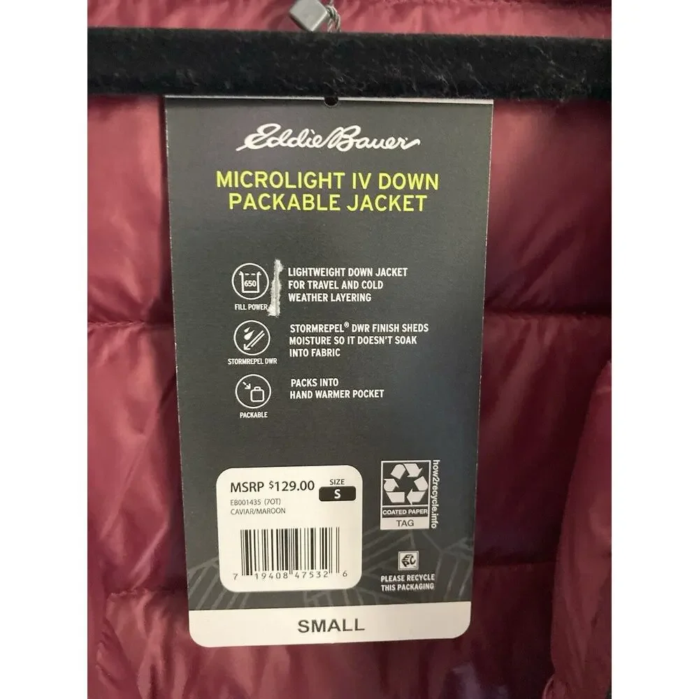 Eddie Bauer Men's Down Packable Jacket Microlight Sizes Small Black 650 Fill NWT